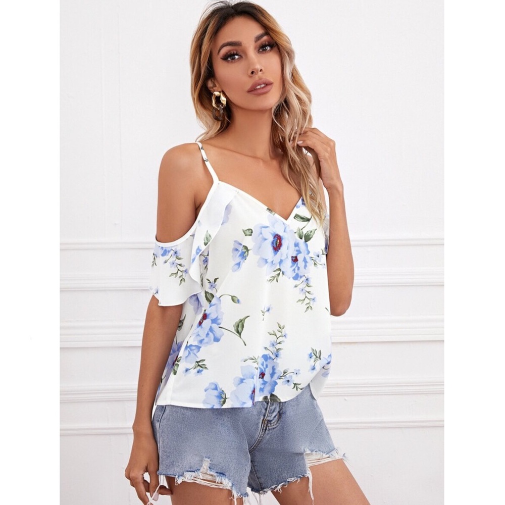 (4 Pack) White Cold Shoulder Floral Print Top